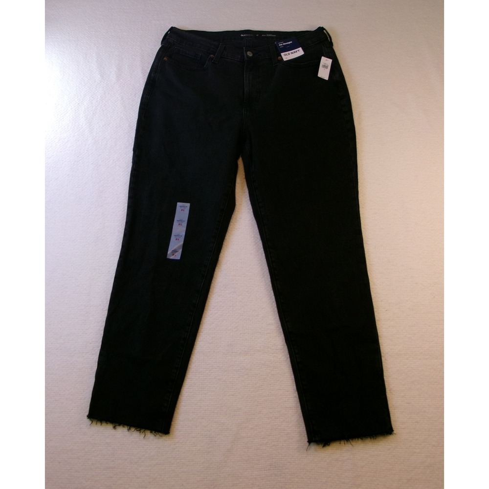 Old Navy High-Rise OG Straight Ankle Jeans Moon‎ Shade Black Raw Hem 14 NEW